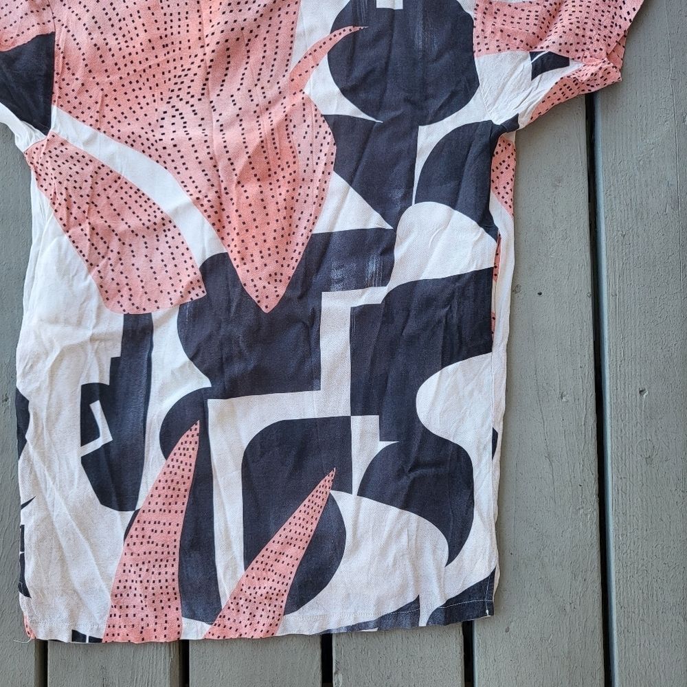 Oliver Bonas Block Print Tunic Dress Short Sleeve Knee Length Pink Black Size 12 - Picture 4 of 7